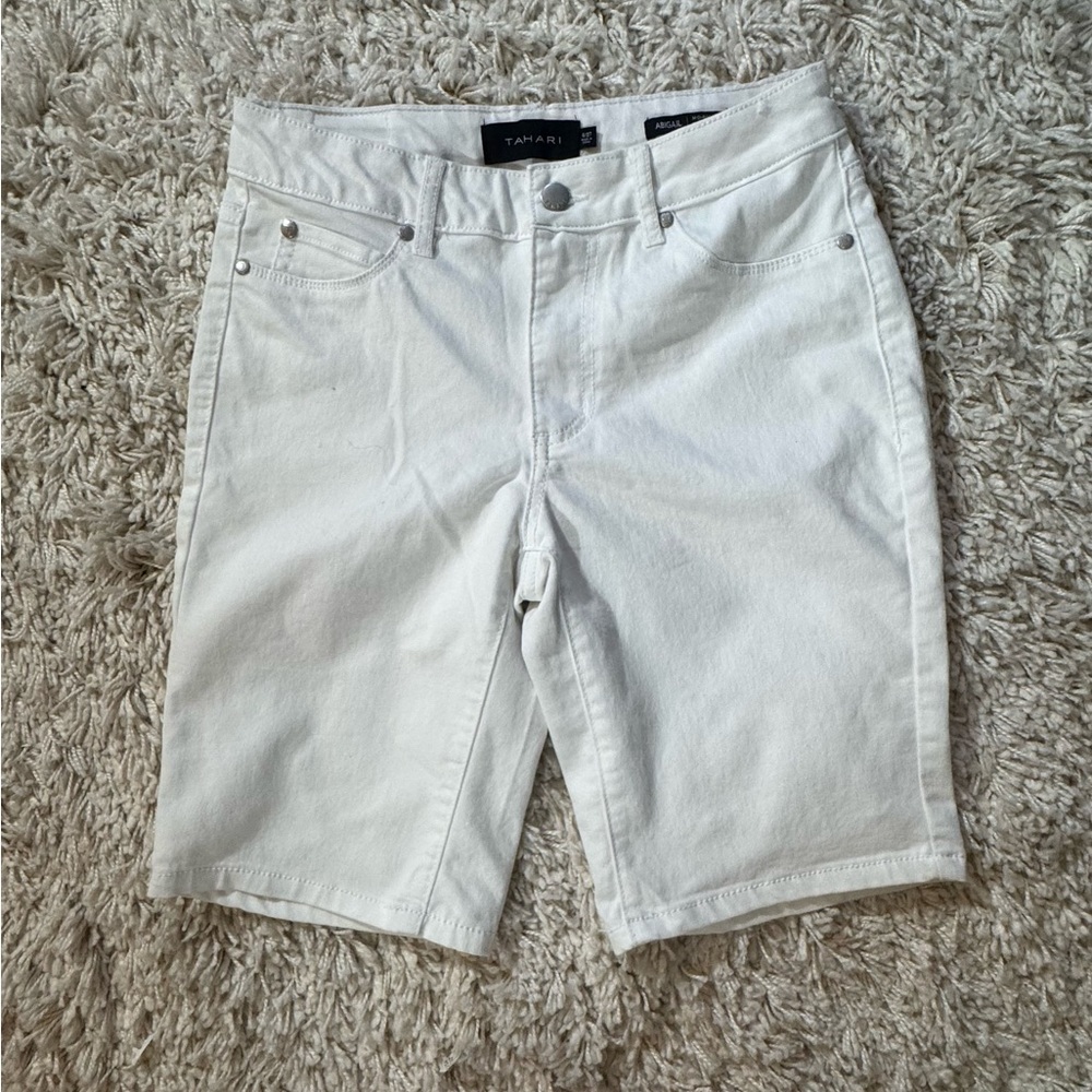 Tahari Mid-Rise White Jean Bermuda Shorts